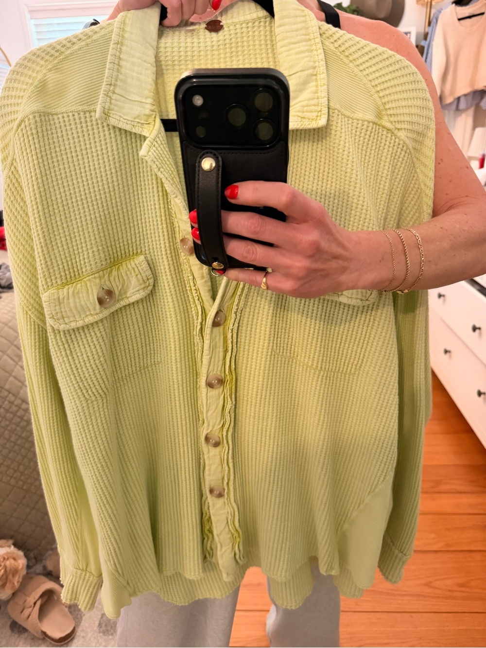 Free People Sage Green Waffle Knit Button-Down Shirt
